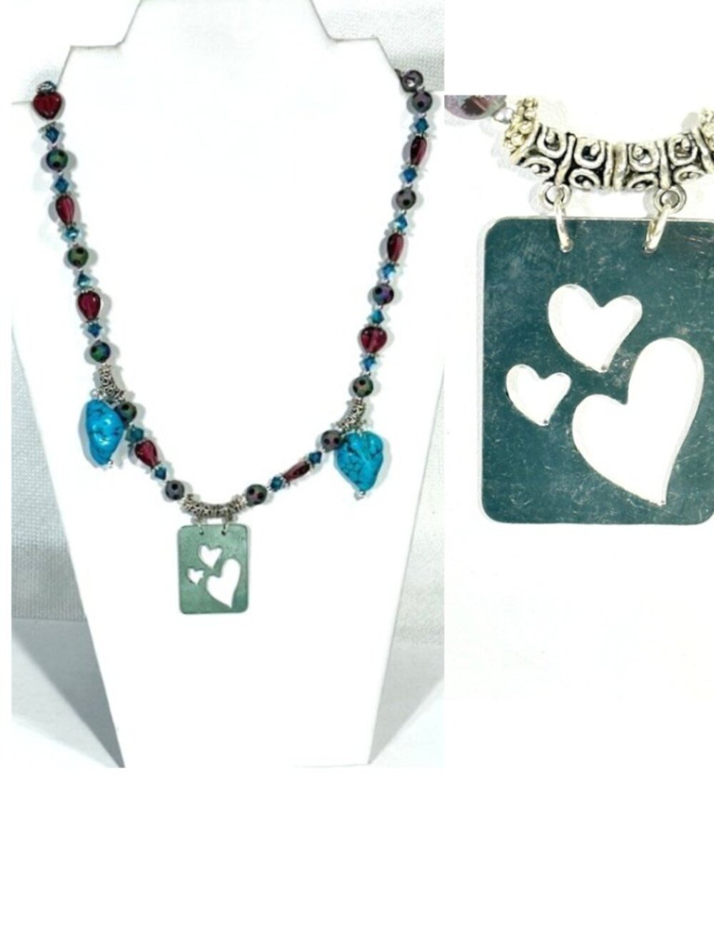 Turquoise and bead 20" necklace with oxidized copper heart pendant.
